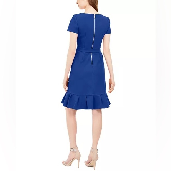 Calvin Klein Royal Blue Mini Dress Ruffle Belted Sheath Soze 6 6P Party Work NWT - Picture 3 of 13